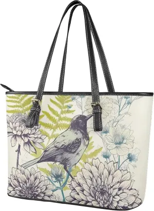 Tote Bag for Women PU Leather Folk Floral Top Handle Satchel Bags Zipper, Mexican Ethnic Large Handbag Shoulder Bag