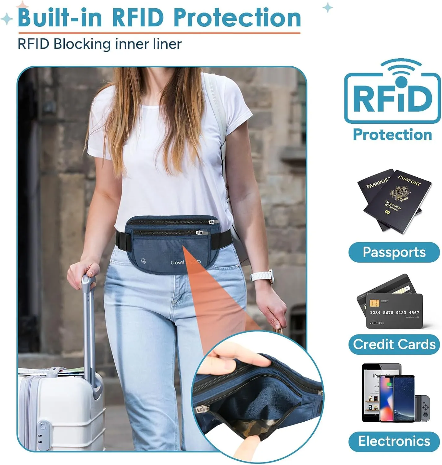travel inspira Travel Money Belt with Slim Anti-Theft RFID Blocking Passport Holder for Travel Concealed under Clothes for Ultimate Protection of Credit Cards, Cash, Passport & Documents, Navy Blue