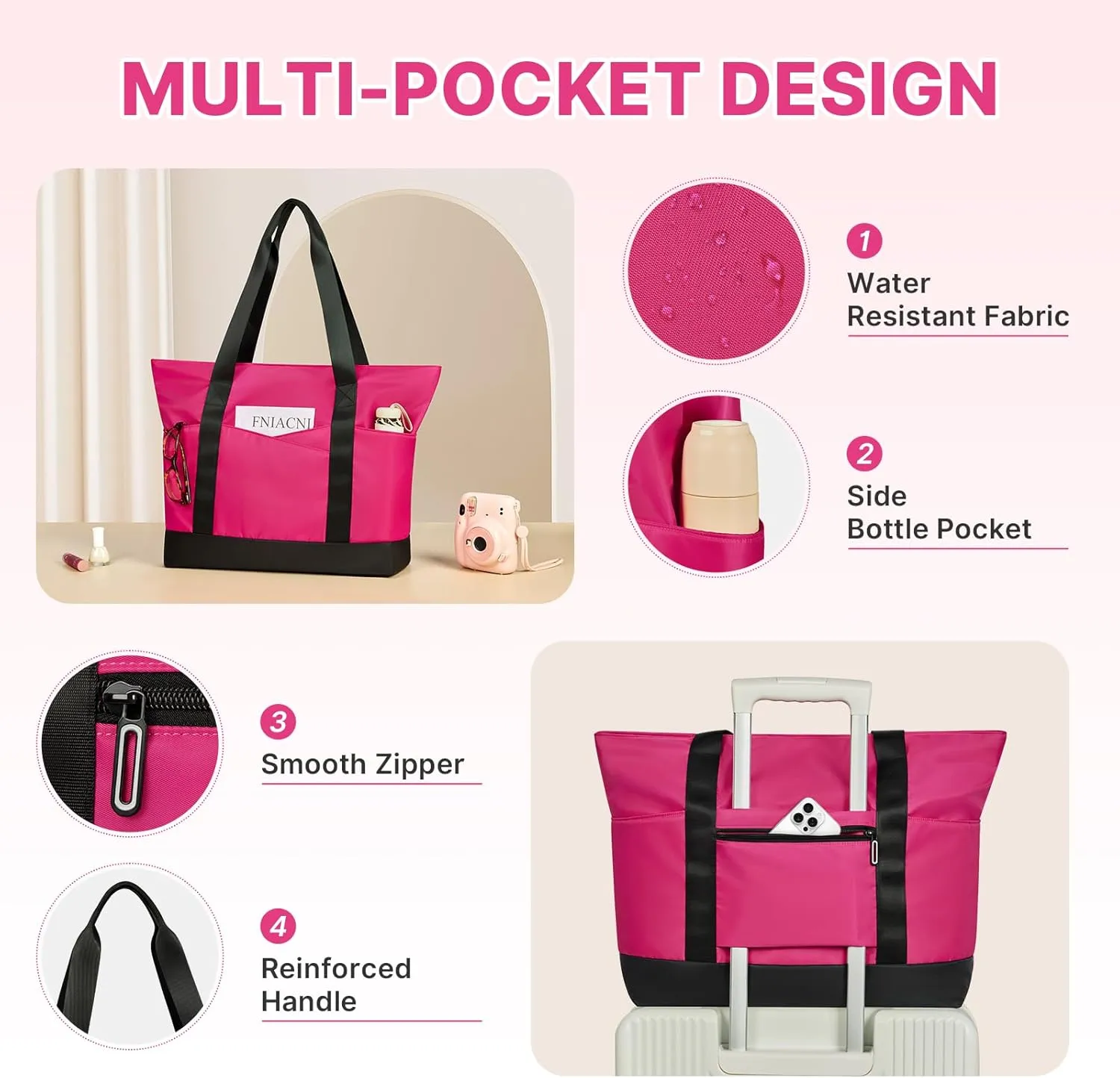 Travel Tote Bag for Women, Large Tote Handbag with Zipper, Beach Bag with Multi Pockets for College Work Shopping