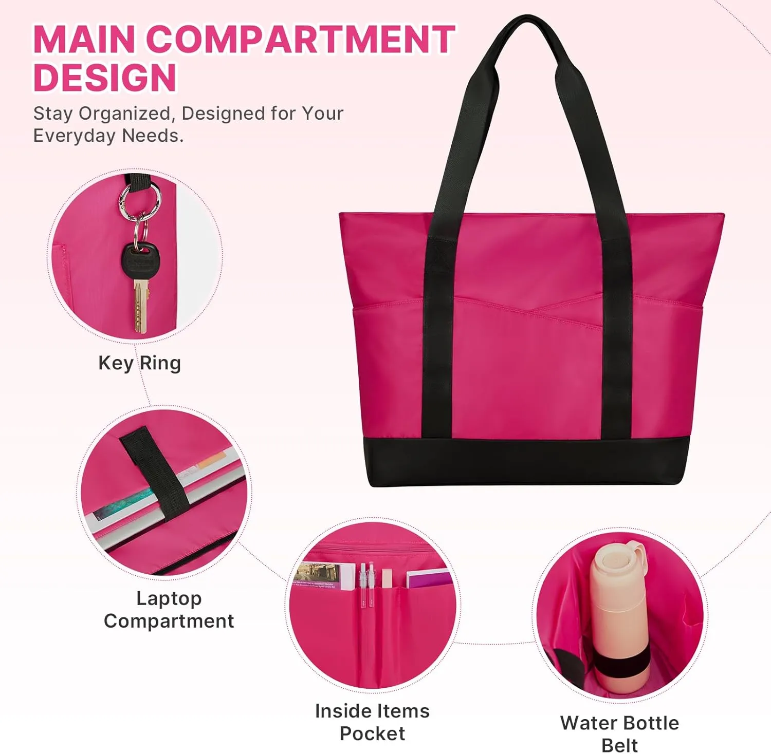 Travel Tote Bag for Women, Large Tote Handbag with Zipper, Beach Bag with Multi Pockets for College Work Shopping