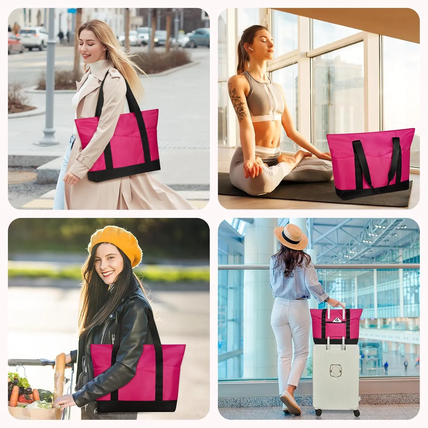 Travel Tote Bag for Women, Large Tote Handbag with Zipper, Beach Bag with Multi Pockets for College Work Shopping