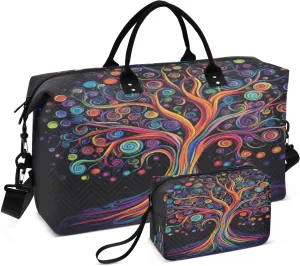 Tree Colorful Ornate Black Sports Gym Bag for Women Men Travel Duffel Bag Weekend Overnight Carry on Bag with Toiletry Bag for Swimming Yoga Hospital Plane