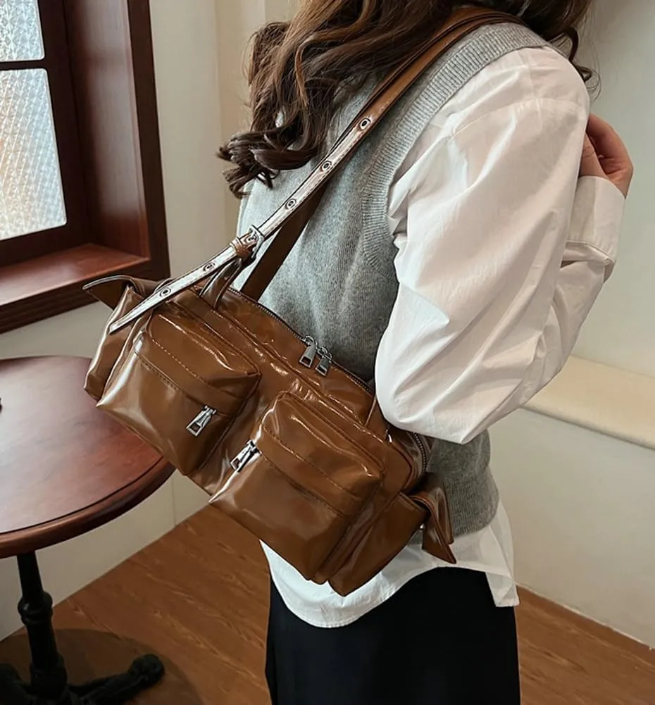 Trendy Shoulder Bags Women 2025 Spring Retro Top Handle Bag Boston Underarm Handbag Satchel Multi-Pockets Purse