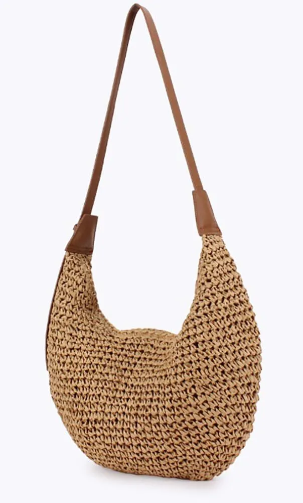 Trendy Straw Crescent Bag Casual Straw Hobo Bag For Women Summer Beach Purse Raffia Tote Crossbody Handbag Bohemian Style