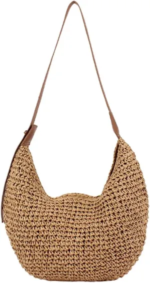 Trendy Straw Crescent Bag Casual Straw Hobo Bag For Women Summer Beach Purse Raffia Tote Crossbody Handbag Bohemian Style