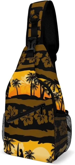 Tropical Frangipani with Palms Sunrise Crossbody Bag Multipurpose Over Shoulder Sling Backpack Travel Chest Side Pouch Daypack