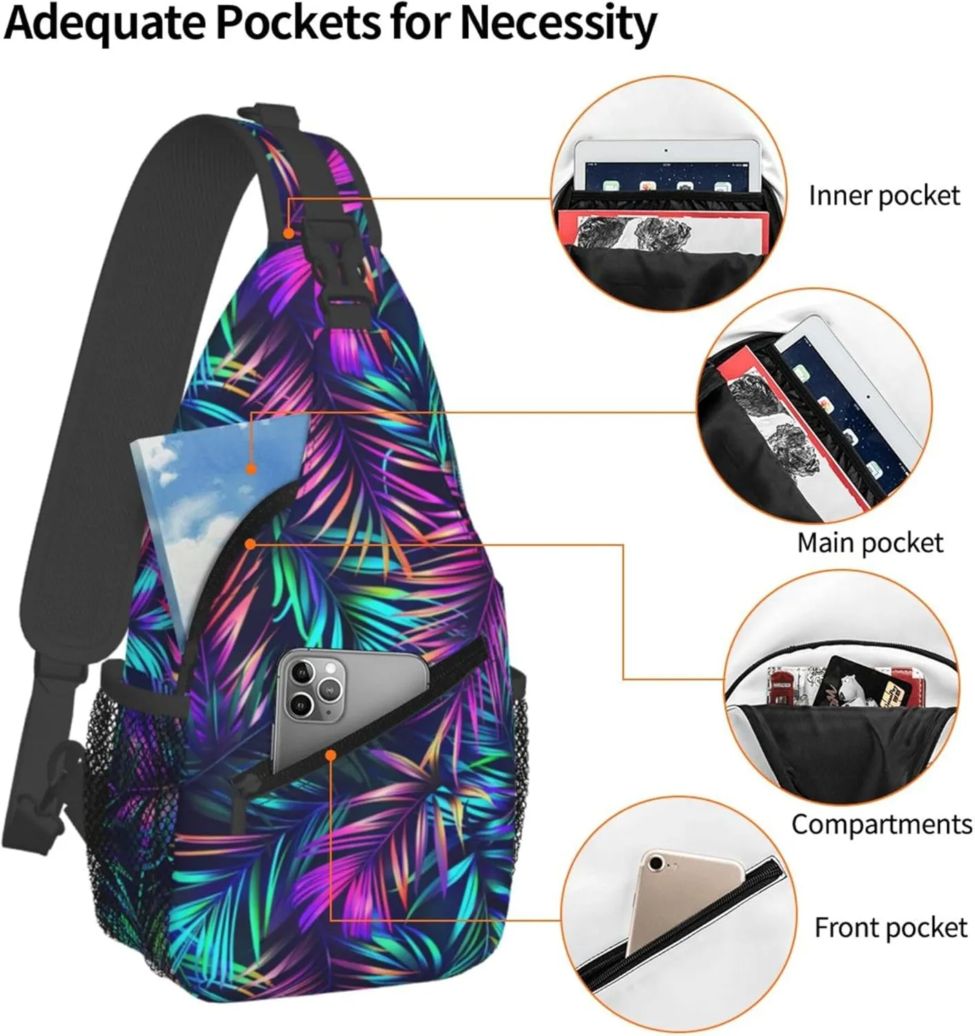 Tropical Hawaiian Neon Palm Leaves Crossbody bags for women Men Sling Bag Travel Chest Backpack Leisure Sports Outdoor Running Hiking