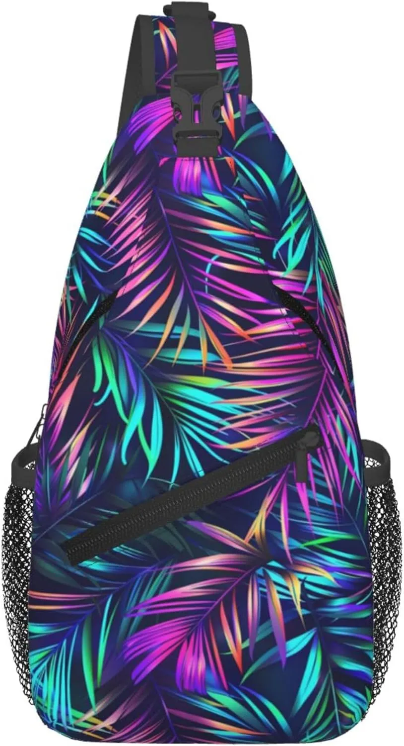 Tropical Hawaiian Neon Palm Leaves Crossbody bags for women Men Sling Bag Travel Chest Backpack Leisure Sports Outdoor Running Hiking