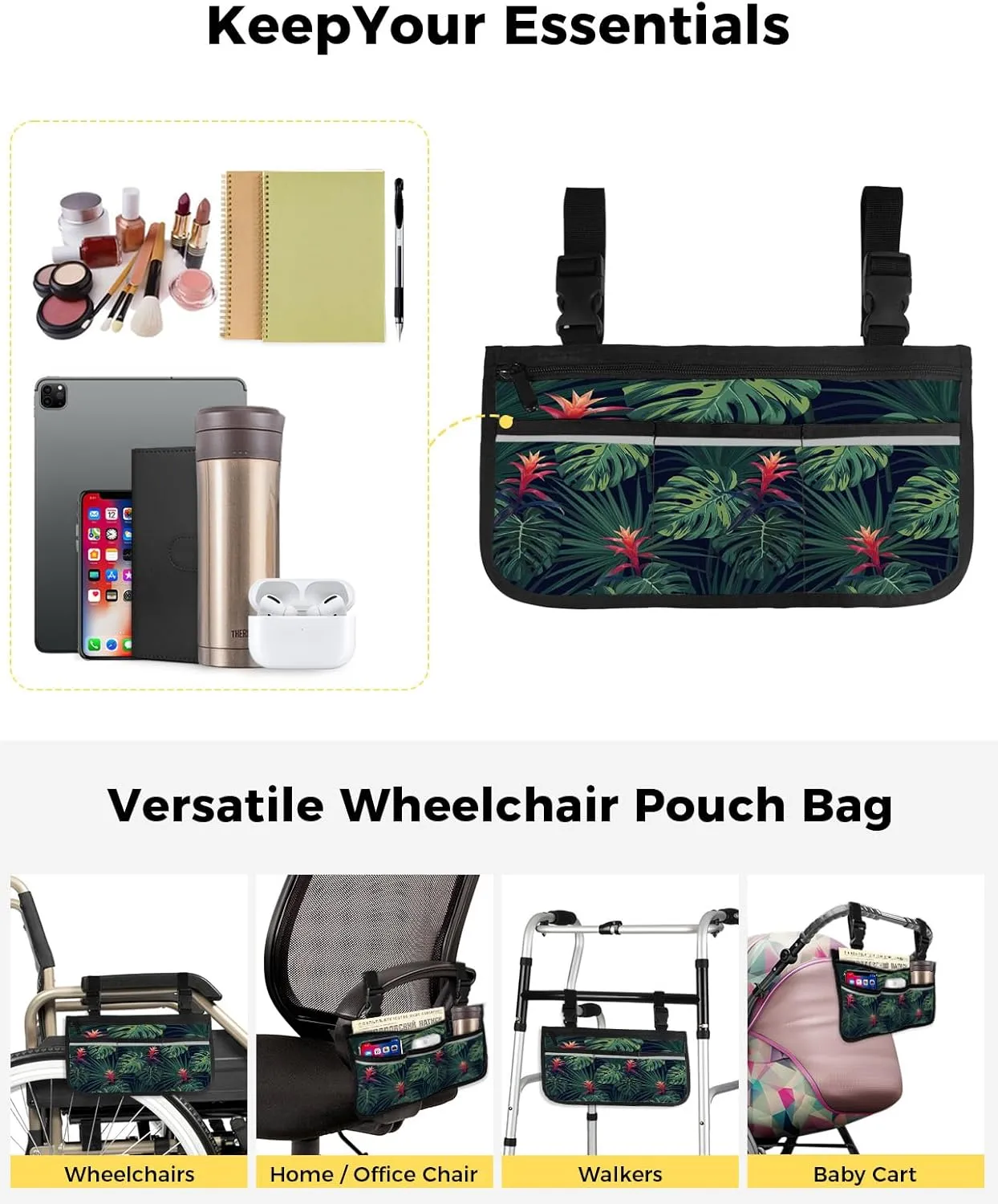 Tropical Jungle Wheelchair Side Bag Walker Bag Walker Accessories Armrest Storage Pouches with Reflective Stripes Organizer Bag Hawaiian Tropical Red Flowers and Green Leaves Wheelchair Bag