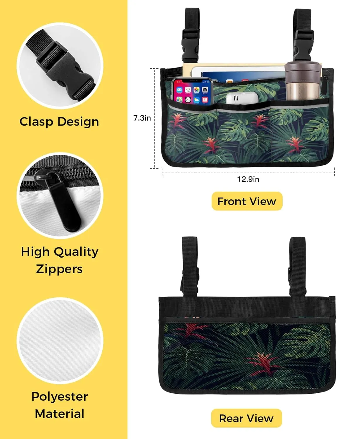 Tropical Jungle Wheelchair Side Bag Walker Bag Walker Accessories Armrest Storage Pouches with Reflective Stripes Organizer Bag Hawaiian Tropical Red Flowers and Green Leaves Wheelchair Bag