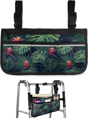 Tropical Jungle Wheelchair Side Bag Walker Bag Walker Accessories Armrest Storage Pouches with Reflective Stripes Organizer Bag Hawaiian Tropical Red Flowers and Green Leaves Wheelchair Bag