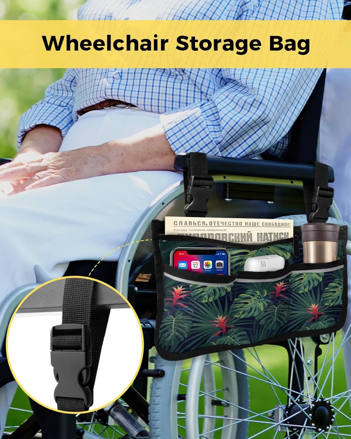Tropical Jungle Wheelchair Side Bag Walker Bag Walker Accessories Armrest Storage Pouches with Reflective Stripes Organizer Bag Hawaiian Tropical Red Flowers and Green Leaves Wheelchair Bag
