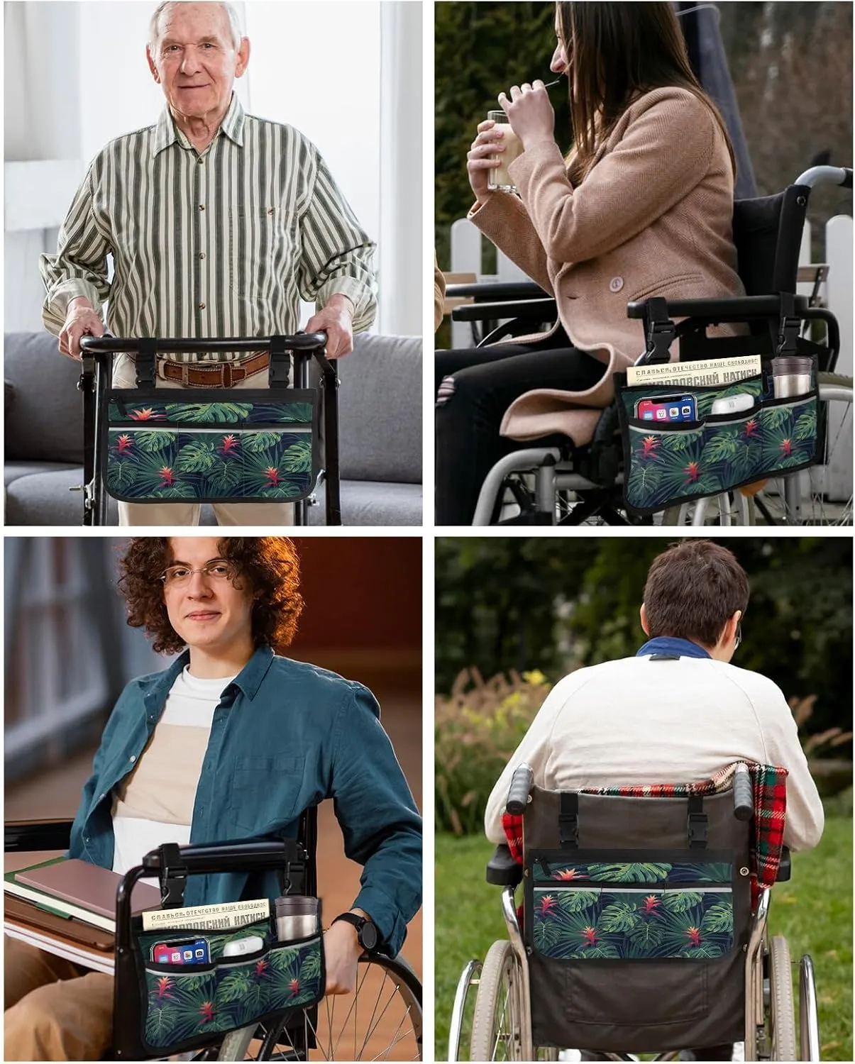 Tropical Jungle Wheelchair Side Bag Walker Bag Walker Accessories Armrest Storage Pouches with Reflective Stripes Organizer Bag Hawaiian Tropical Red Flowers and Green Leaves Wheelchair Bag
