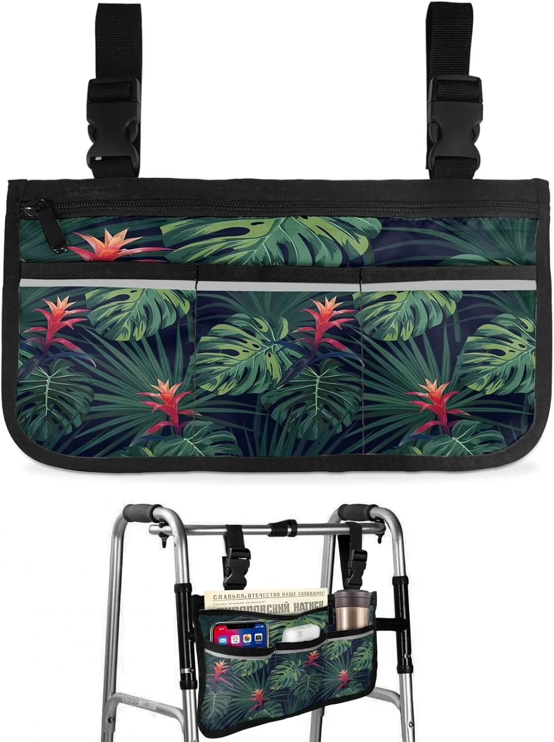 Tropical Jungle Wheelchair Side Bag Walker Bag Walker Accessories Armrest Storage Pouches with Reflective Stripes Organizer Bag Hawaiian Tropical Red Flowers and Green Leaves Wheelchair Bag