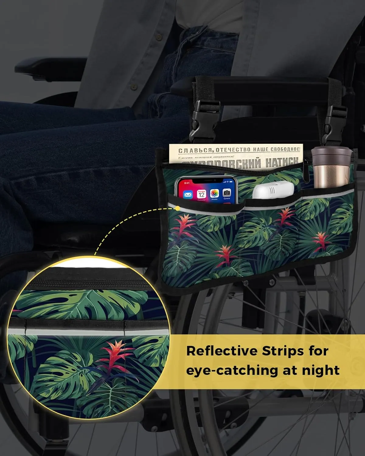 Tropical Jungle Wheelchair Side Bag Walker Bag Walker Accessories Armrest Storage Pouches with Reflective Stripes Organizer Bag Hawaiian Tropical Red Flowers and Green Leaves Wheelchair Bag
