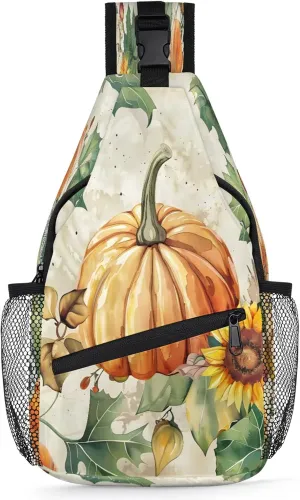 TropicalLife Fall Placemats Thanksgiving Pumpkin Sling Backpack Crossbody Shoulder Bag Water Resistant Small Daypacks Chest Bag for Women Men Unisex Hiking Travel Workout