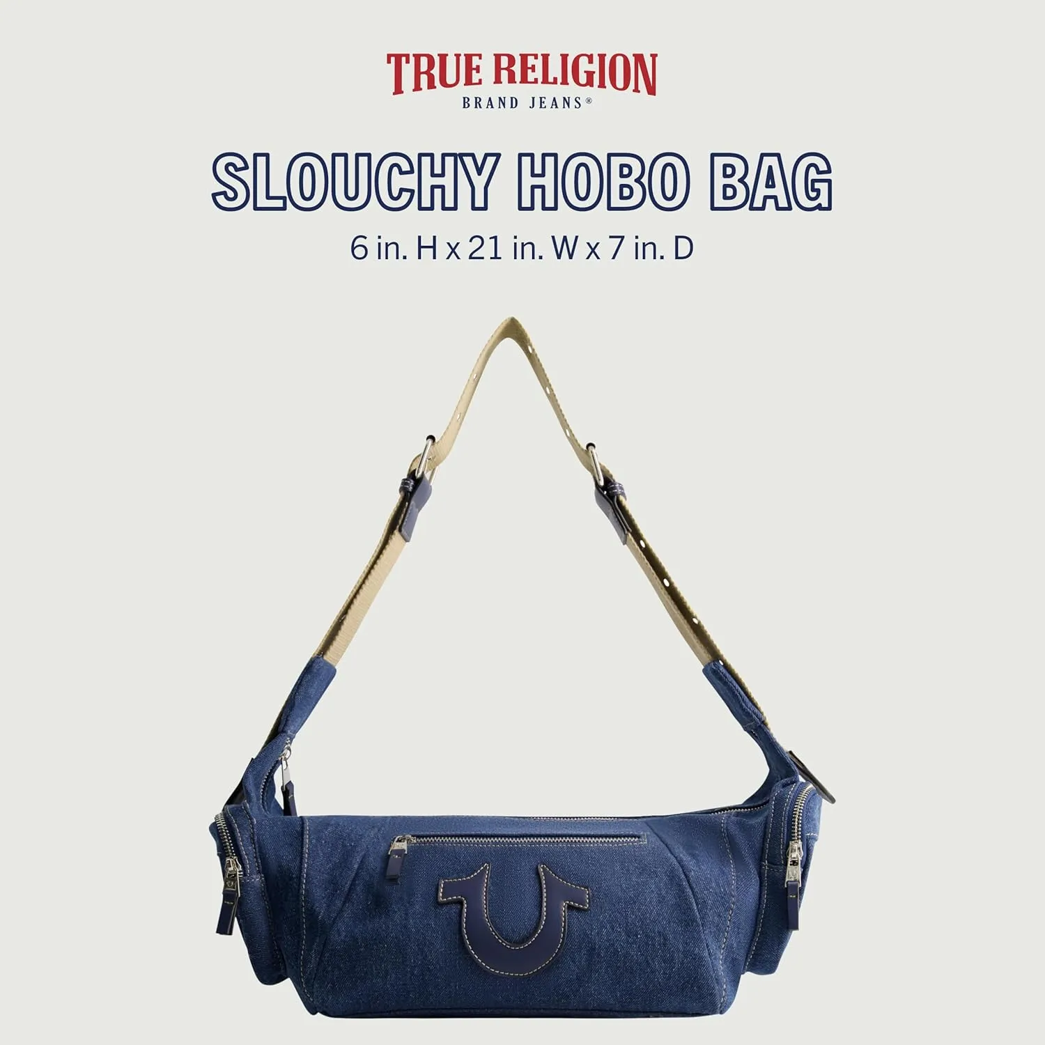 True Religion Women's Shoulder Bag Purse, Slouchy Hobo Handbag with Adjustable Strap and Horseshoe Logo