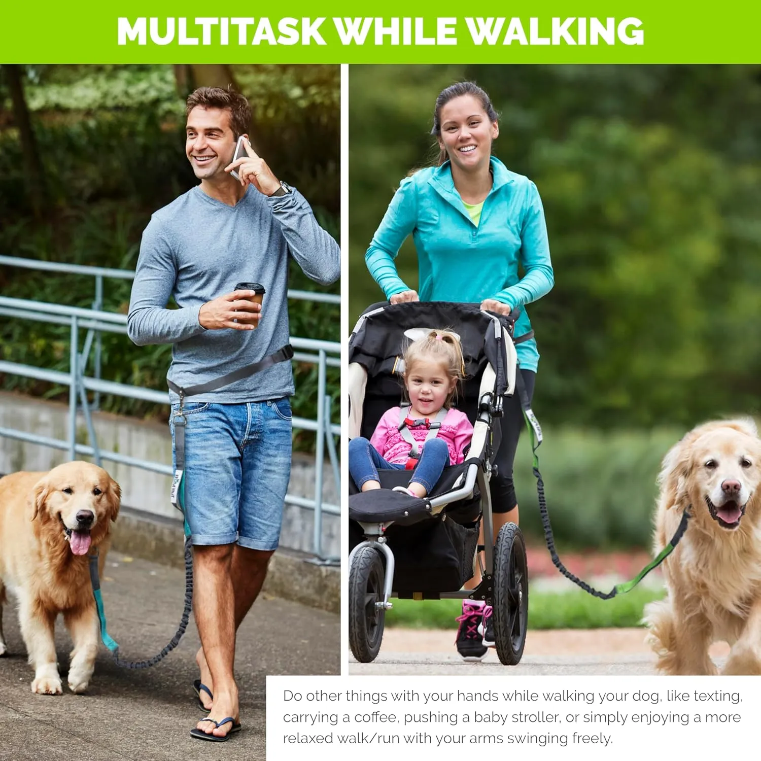 Tuff Mutt Hands-Free Waist Leash for Dog Walking, Running and Hiking, Adjustable Belt with Double Handle, Reflective Bungee Design for Large & Medium Dogs
