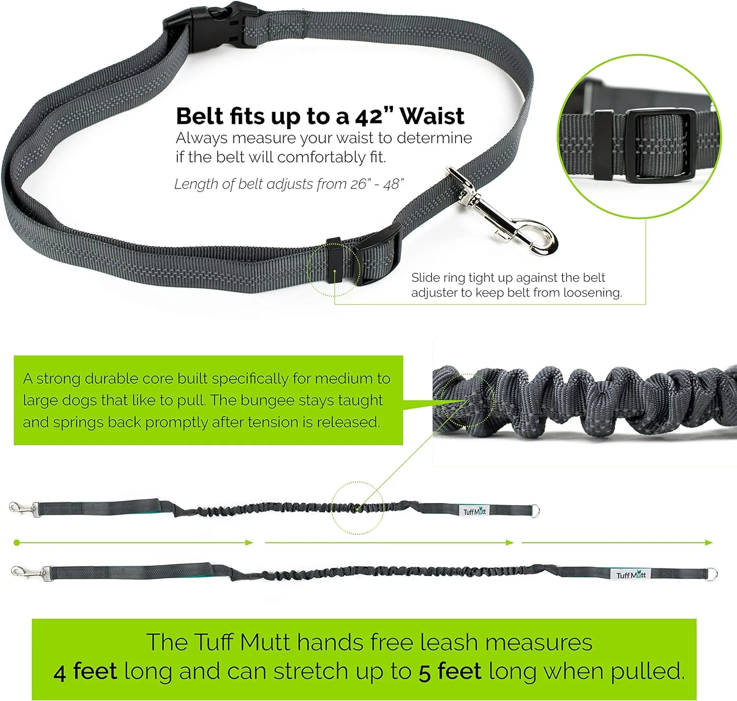 Tuff Mutt Hands-Free Waist Leash for Dog Walking, Running and Hiking, Adjustable Belt with Double Handle, Reflective Bungee Design for Large & Medium Dogs