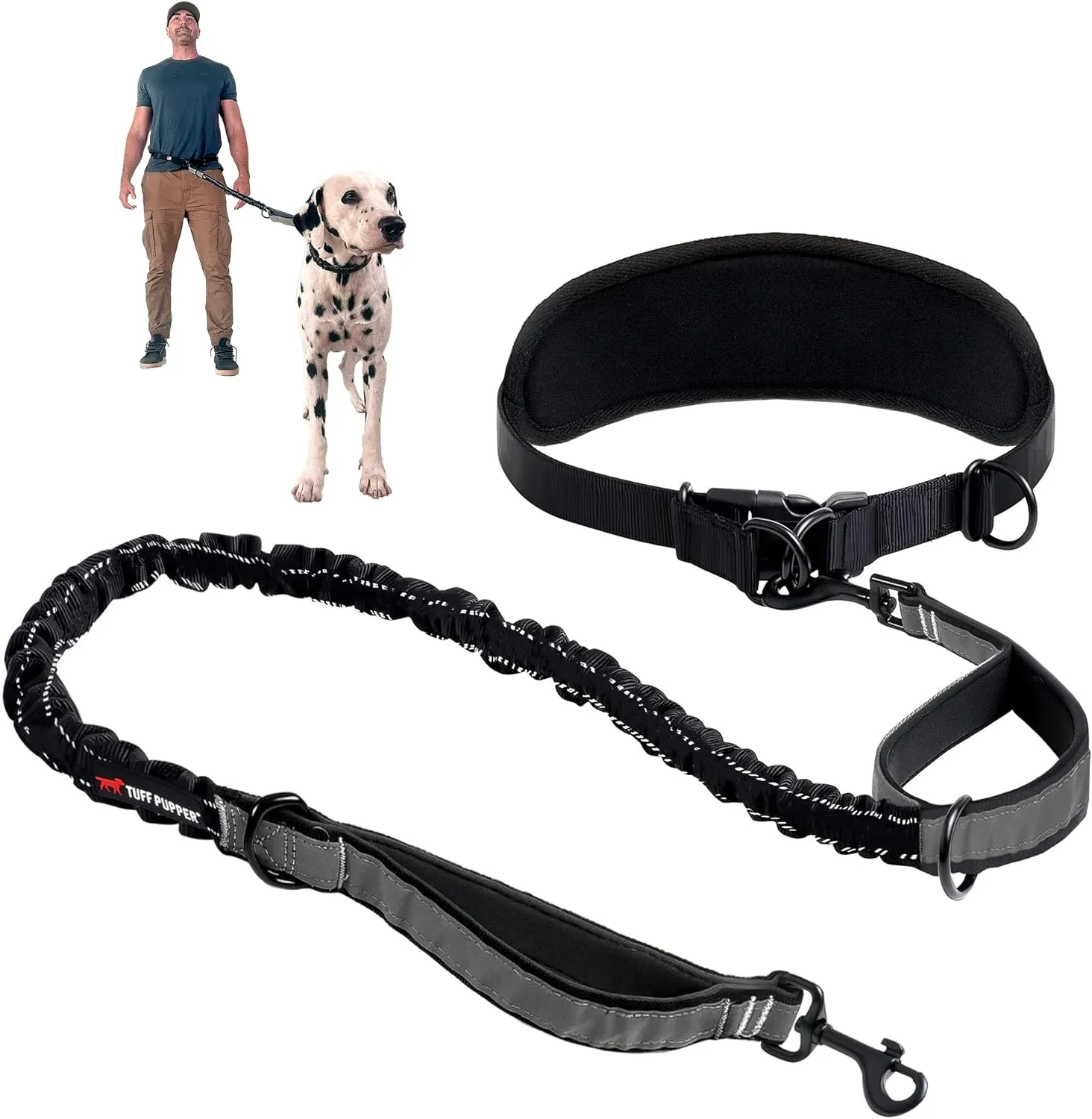 Tuff Pupper Heavy Duty Hands Free Dog Leash | One Large Dog Up to 125 lbs | Comfortable Shock Absorbing Bungee | Reflective Padded Handles | Lumbar Waist Belt 22-45" | Walking Jogging Running Leash