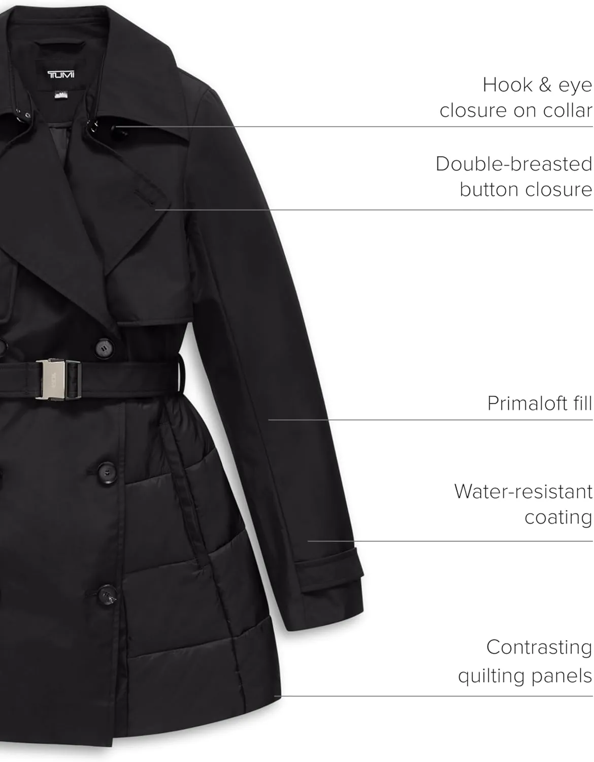 TUMI Women's Buckle Belted Midweight & Breathable Mackintosh Twill Puffer Trench with PrimaLoft Fill