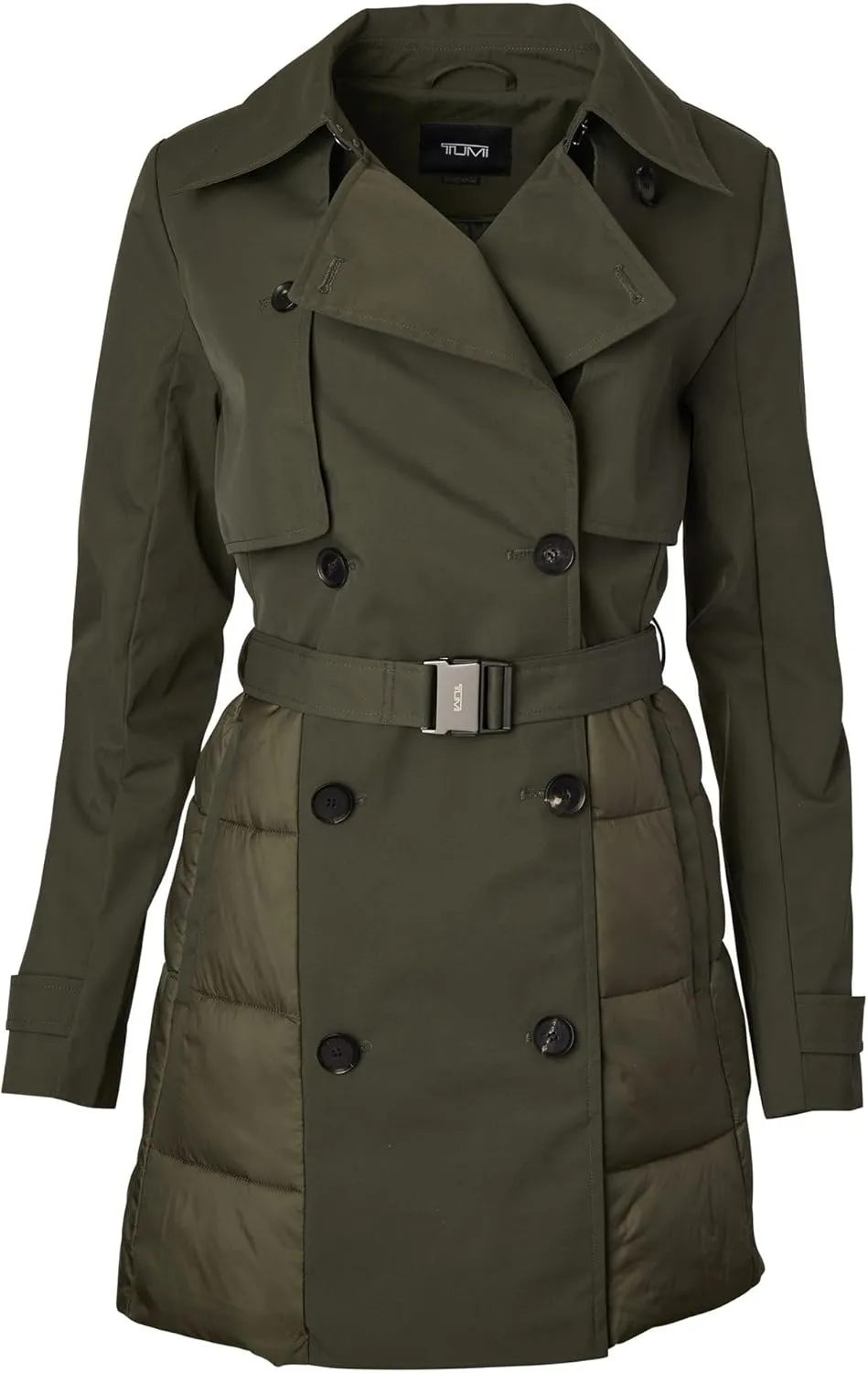 TUMI Women's Buckle Belted Midweight & Breathable Mackintosh Twill Puffer Trench with PrimaLoft Fill