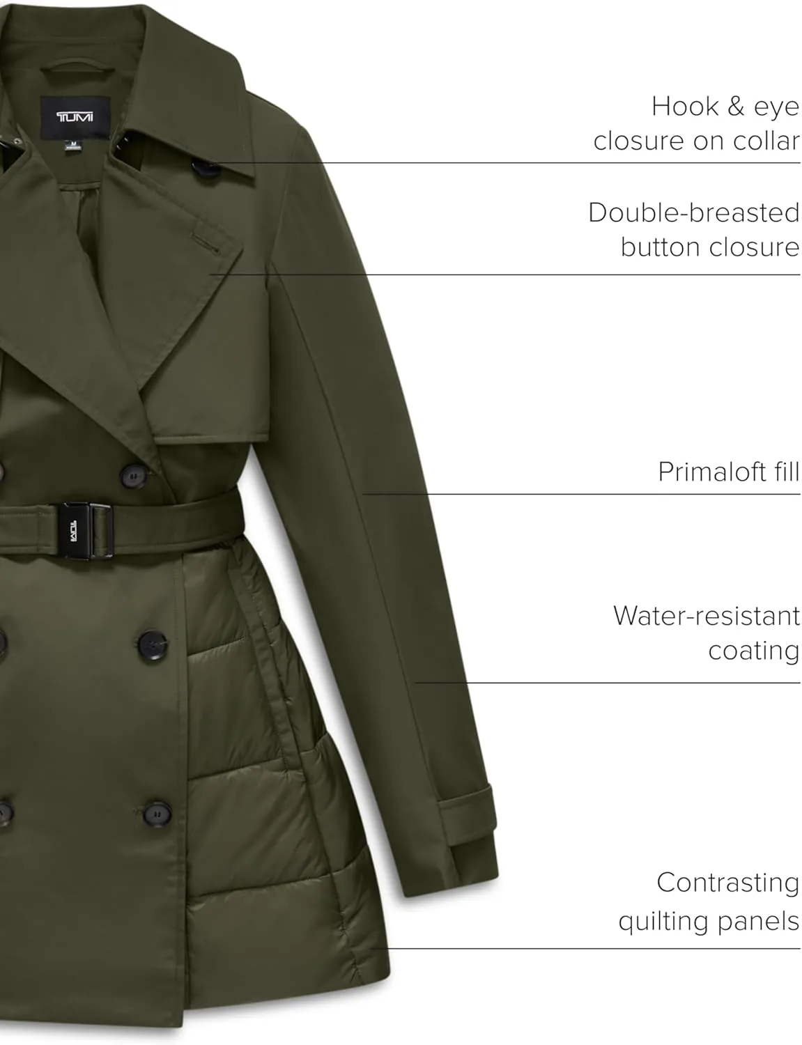 TUMI Women's Buckle Belted Midweight & Breathable Mackintosh Twill Puffer Trench with PrimaLoft Fill
