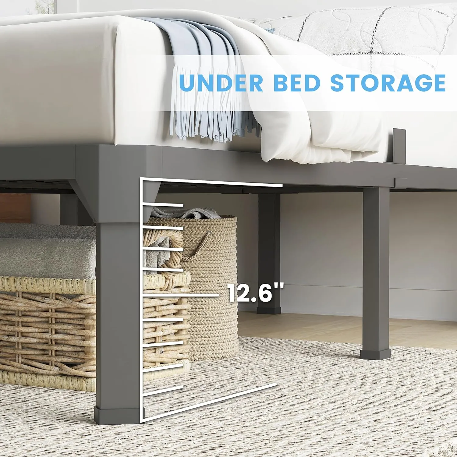 Twin Bed Frame with Mattress Slide Stopper, 14 Inch Metal Platform Bed Frame, Heavy Duty Tall Bed Frame No Box Spring Needed with Large Storage Space, Easy Assembly, Noise Free