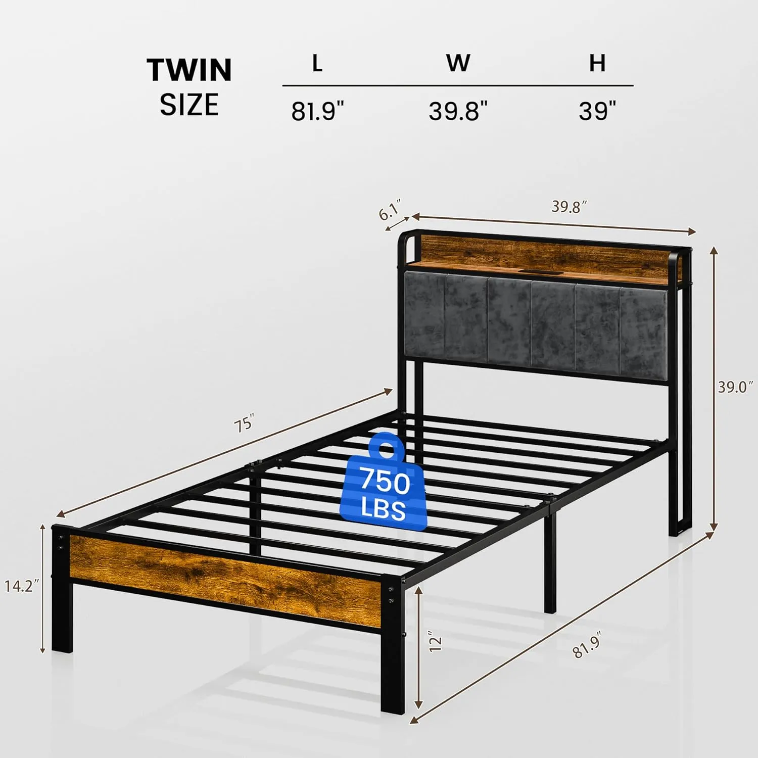 Twin Bed Frame with Smart LED Lights, Storage Headboard and USB Charging Station, Metal Platform Bed Easy Assembly, Noise Free, No Box Spring Needed