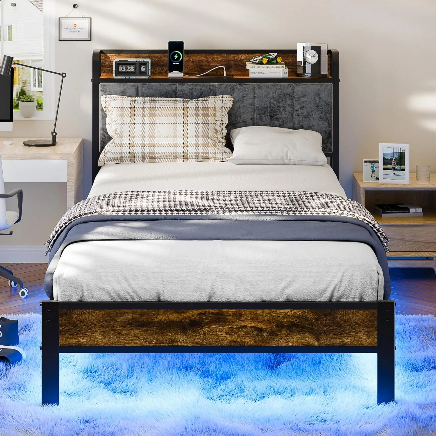 Twin Bed Frame with Smart LED Lights, Storage Headboard and USB Charging Station, Metal Platform Bed Easy Assembly, Noise Free, No Box Spring Needed