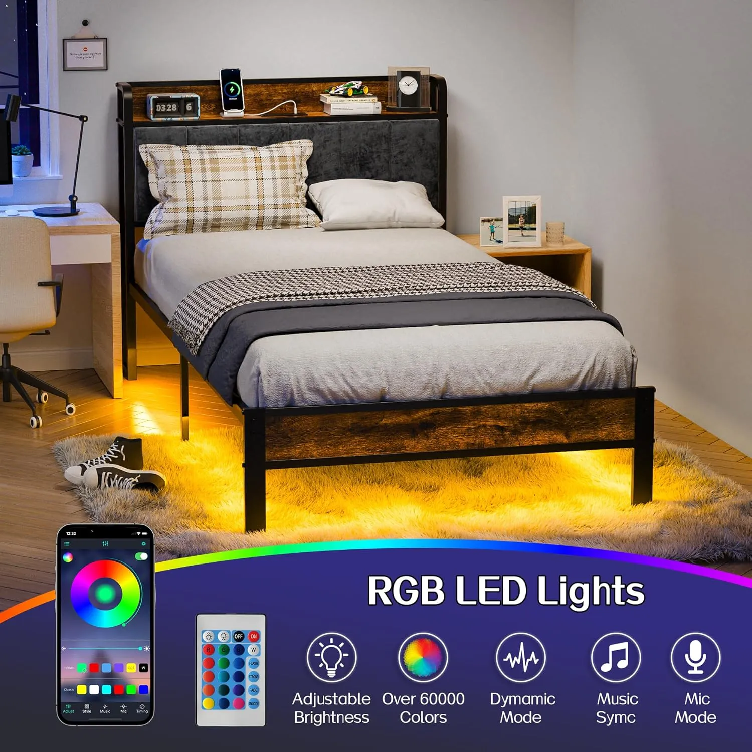 Twin Bed Frame with Smart LED Lights, Storage Headboard and USB Charging Station, Metal Platform Bed Easy Assembly, Noise Free, No Box Spring Needed