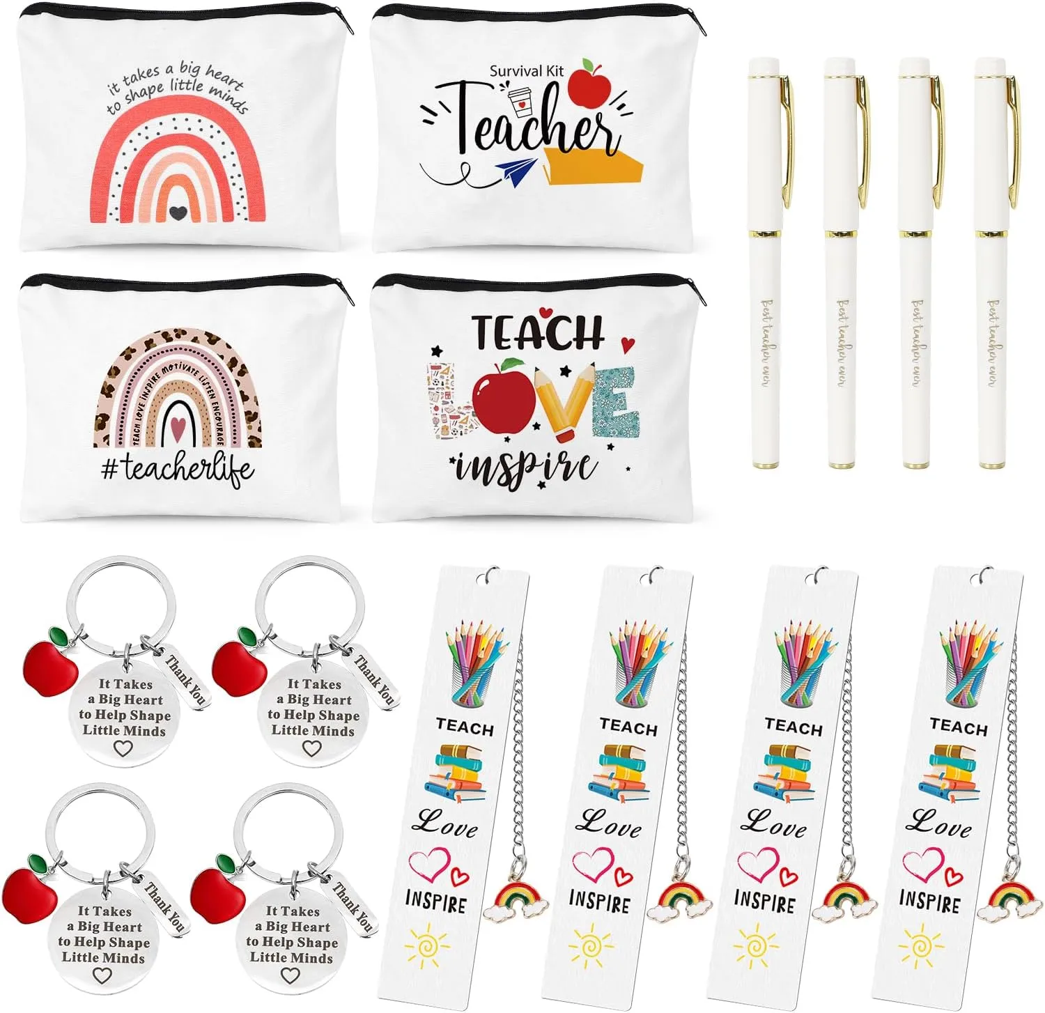 UAREHIBY 16 PCS Teacher Gifts in Bulk,Thank You Teacher Gifts With Makeup Bags,Teacher Appreciation Week Keychain,Bookmark Gifts for Teachers,Best Teacher Ever Pen Gifts,Christmas Gifts