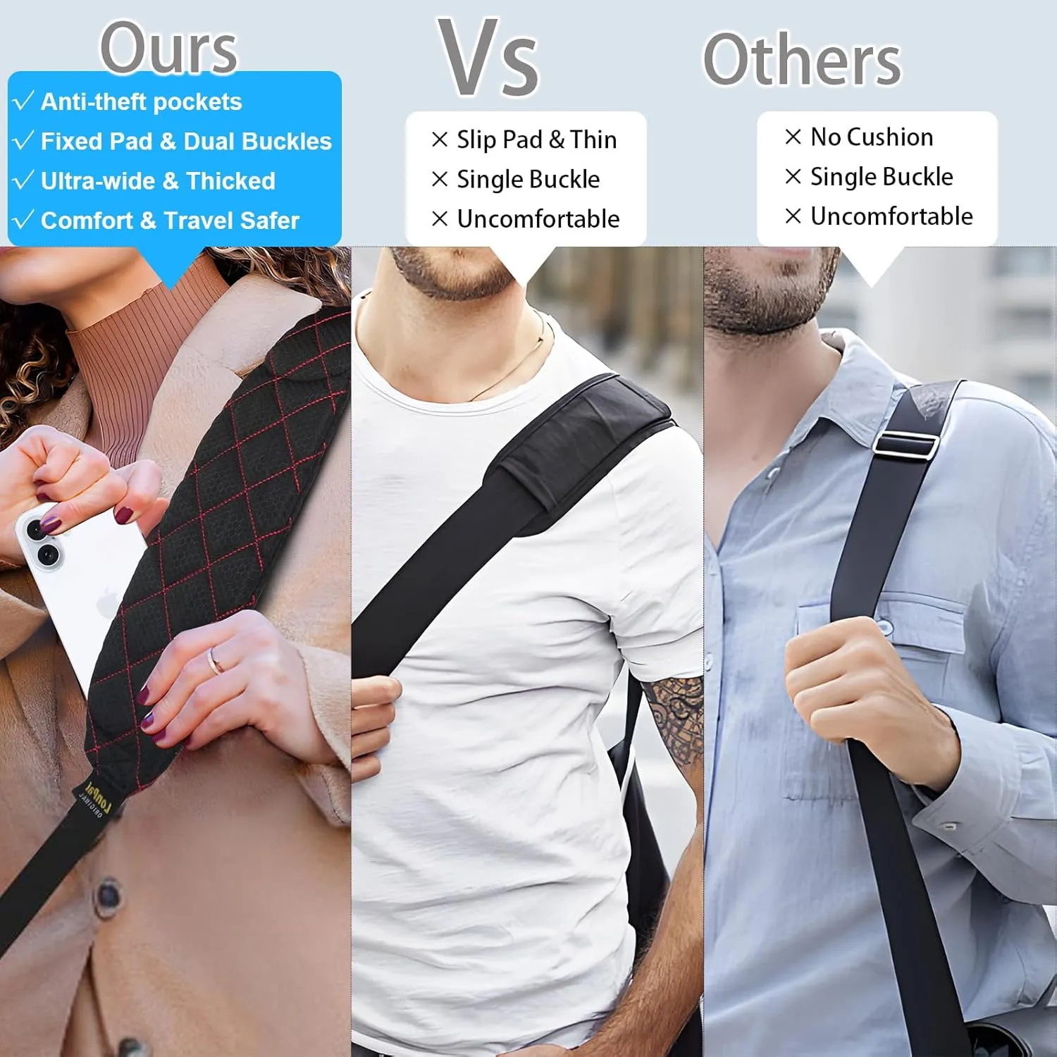 Ultra Comfortable Shoulder Strap Bag Belt with Anti-Theft Pockets and Padded, 2 Tone Reversible Use, Stylish & Secure