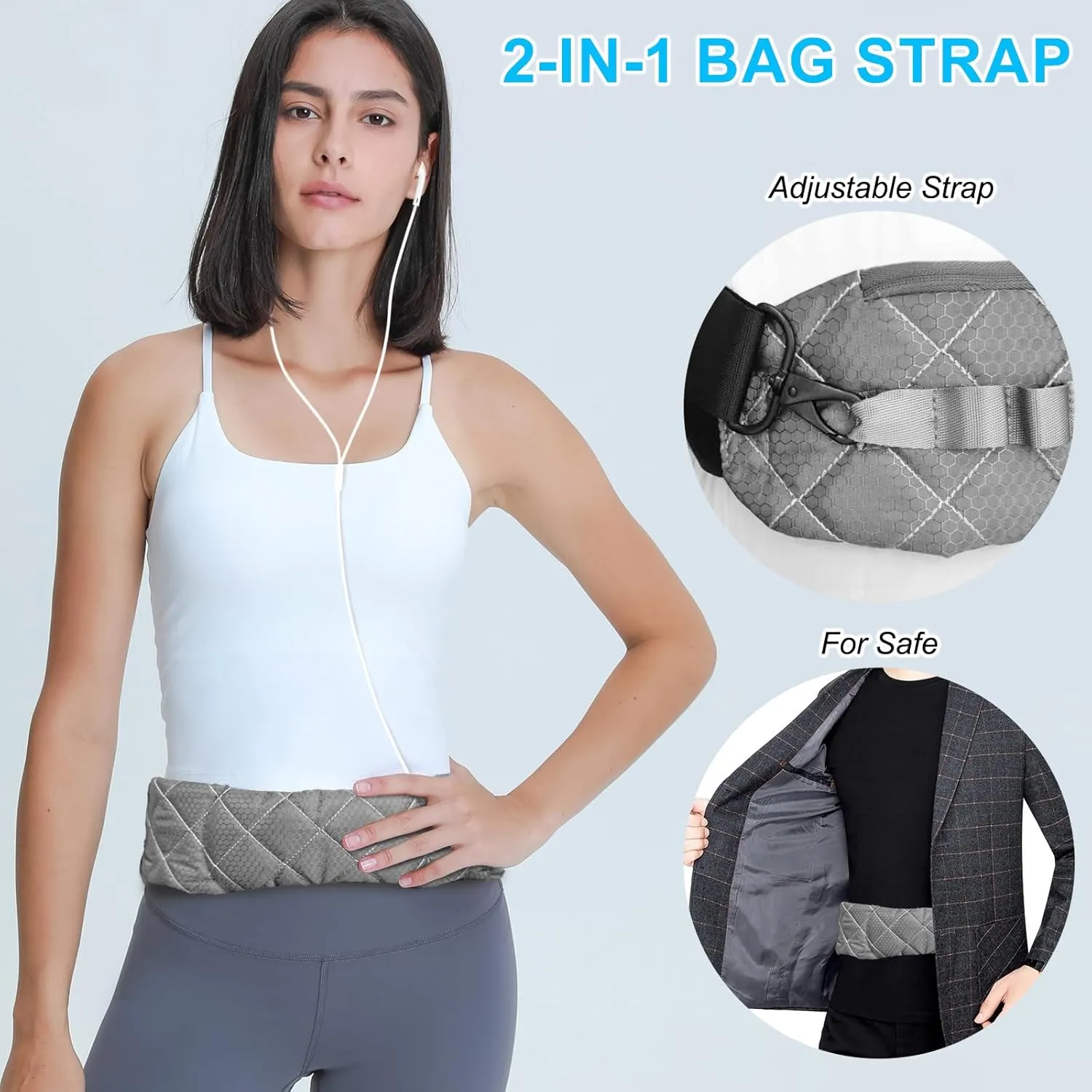 Ultra Comfortable Shoulder Strap Bag Belt with Anti-Theft Pockets and Padded, 2 Tone Reversible Use, Stylish & Secure