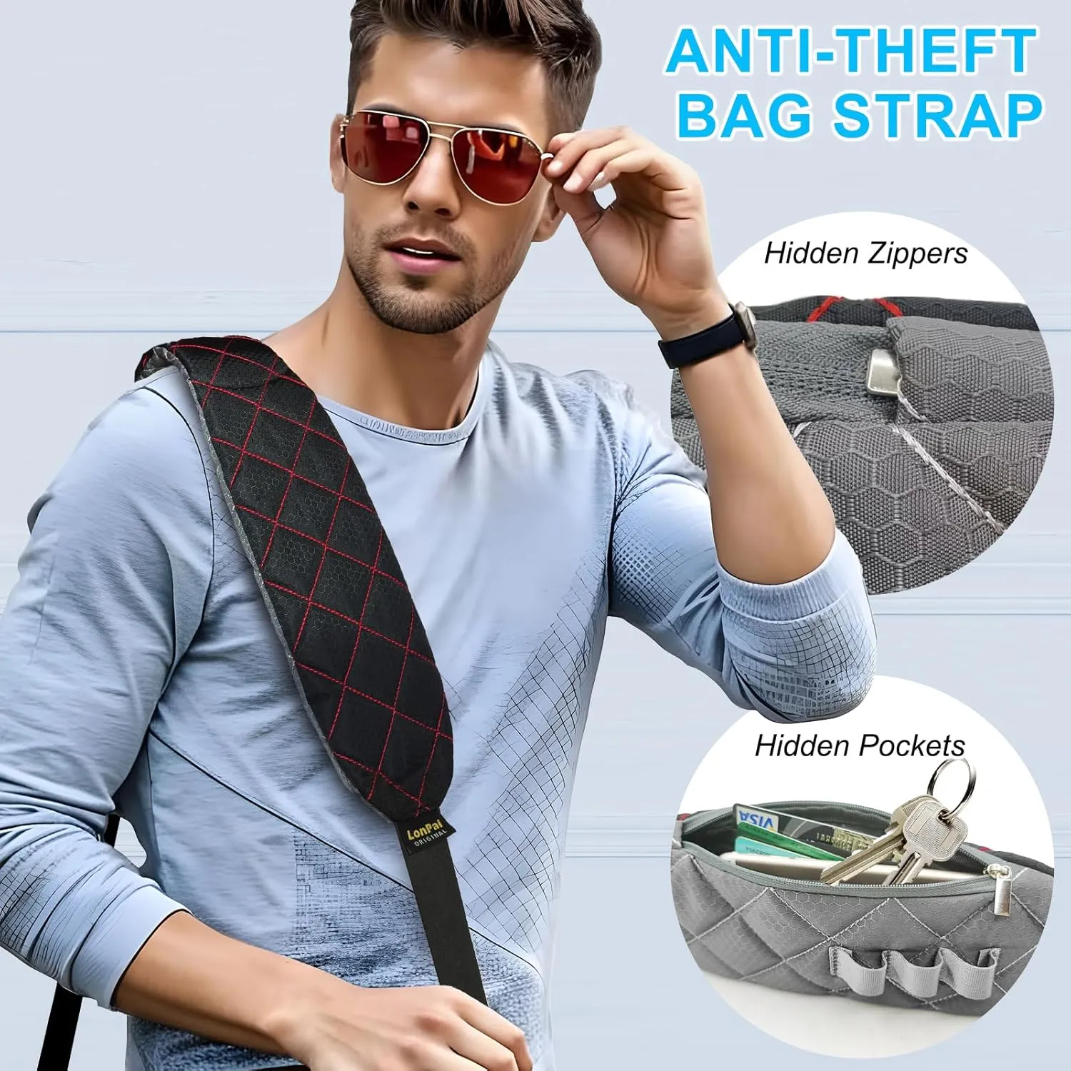 Ultra Comfortable Shoulder Strap Bag Belt with Anti-Theft Pockets and Padded, 2 Tone Reversible Use, Stylish & Secure