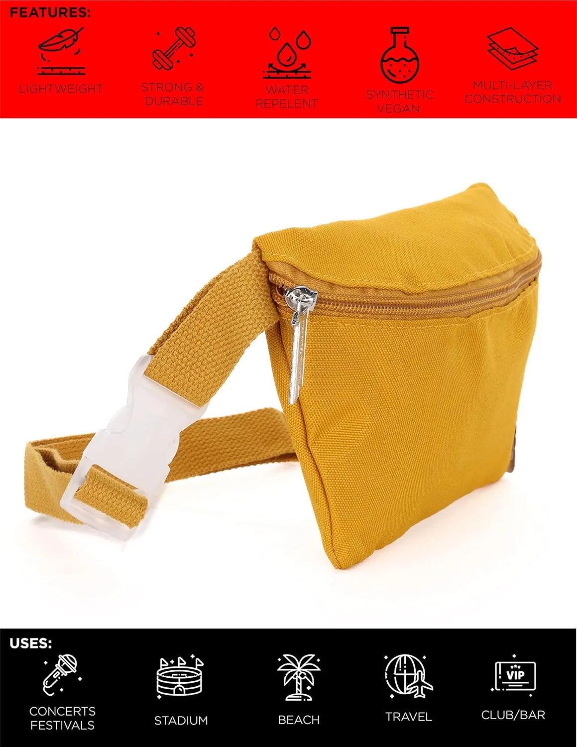 Ultra Slim Fanny Packs for Women – 80s/90s Recycled RPET Bum Bag – Unisex Crossbody Waist Belt Bag for Travel, Festivals, Sports & Daily Use – Waist Belt Bag for Women | Mustard