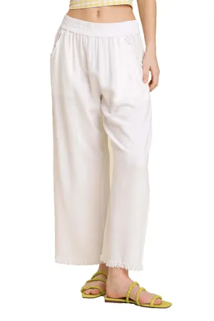 Umgee Womens Wide Leg Pant with Elastic Waist, Pockets, and Frayed Hem