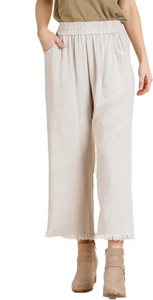 Umgee Womens Wide Leg Pant with Elastic Waist, Pockets, and Frayed Hem