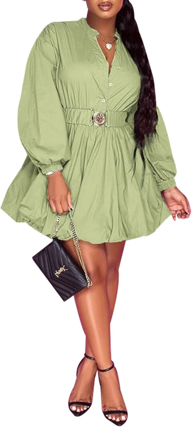 Uni Clau Womens Button Down Shirt Dress Long Sleeve A-Line Casual Puffy Short Mini Dress with Belt