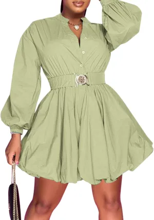 Uni Clau Womens Button Down Shirt Dress Long Sleeve A-Line Casual Puffy Short Mini Dress with Belt