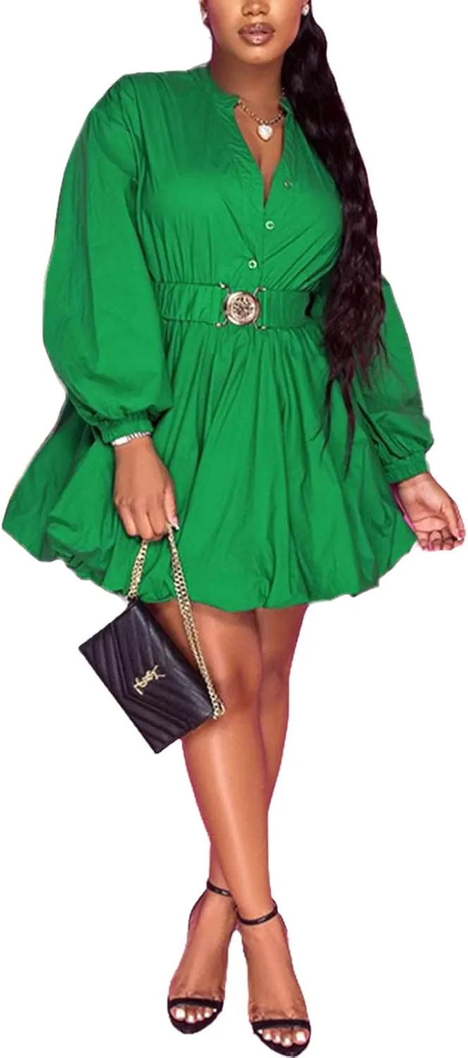 Uni Clau Womens Button Down Shirt Dress Long Sleeve A-Line Casual Puffy Short Mini Dress with Belt