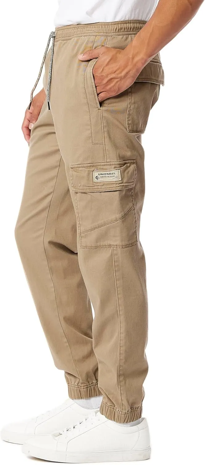 UNIONBAY Men's Davis Elastic Waist Stretch Twill Relaxed Fit Cargo Jogger Pants