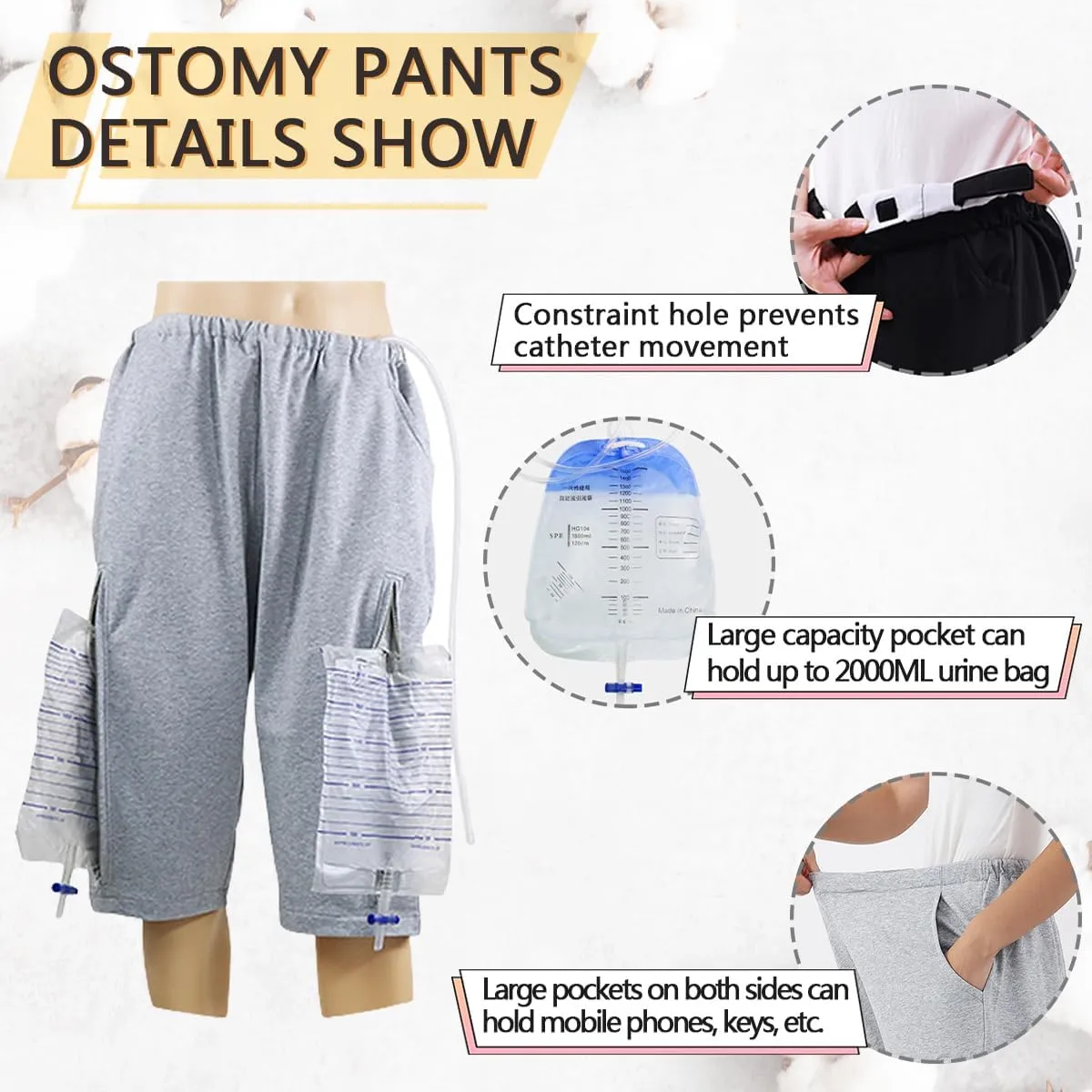 Unisex Incontinence Care Trousers,Urinary Drainage Trouser,Catheter Pant,Fistula Pants,Ostomy Drainage Bag Care Scanties,Double Zippered Pockets Holding 2000ml Catheter Bags Gray