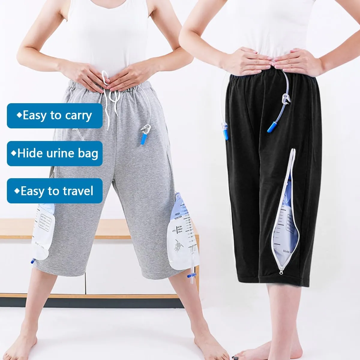 Unisex Incontinence Care Trousers,Urinary Drainage Trouser,Catheter Pant,Fistula Pants,Ostomy Drainage Bag Care Scanties,Double Zippered Pockets Holding 2000ml Catheter Bags Gray