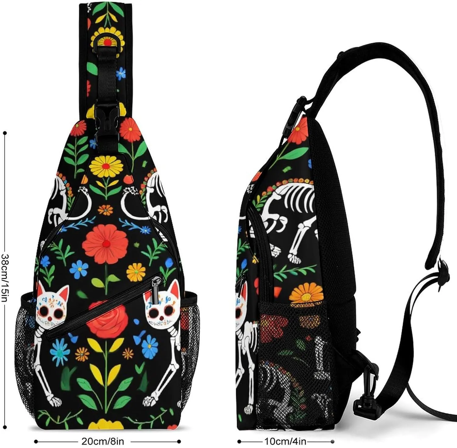 Unisex Sports Crossbody Bags, Portable Large Capacity Day of The Dead Black Cat Rose Sugar Skull Skeleton Sling Bag Shoulder Backpack Chest Bag with Buckles and Pockets for Hiking