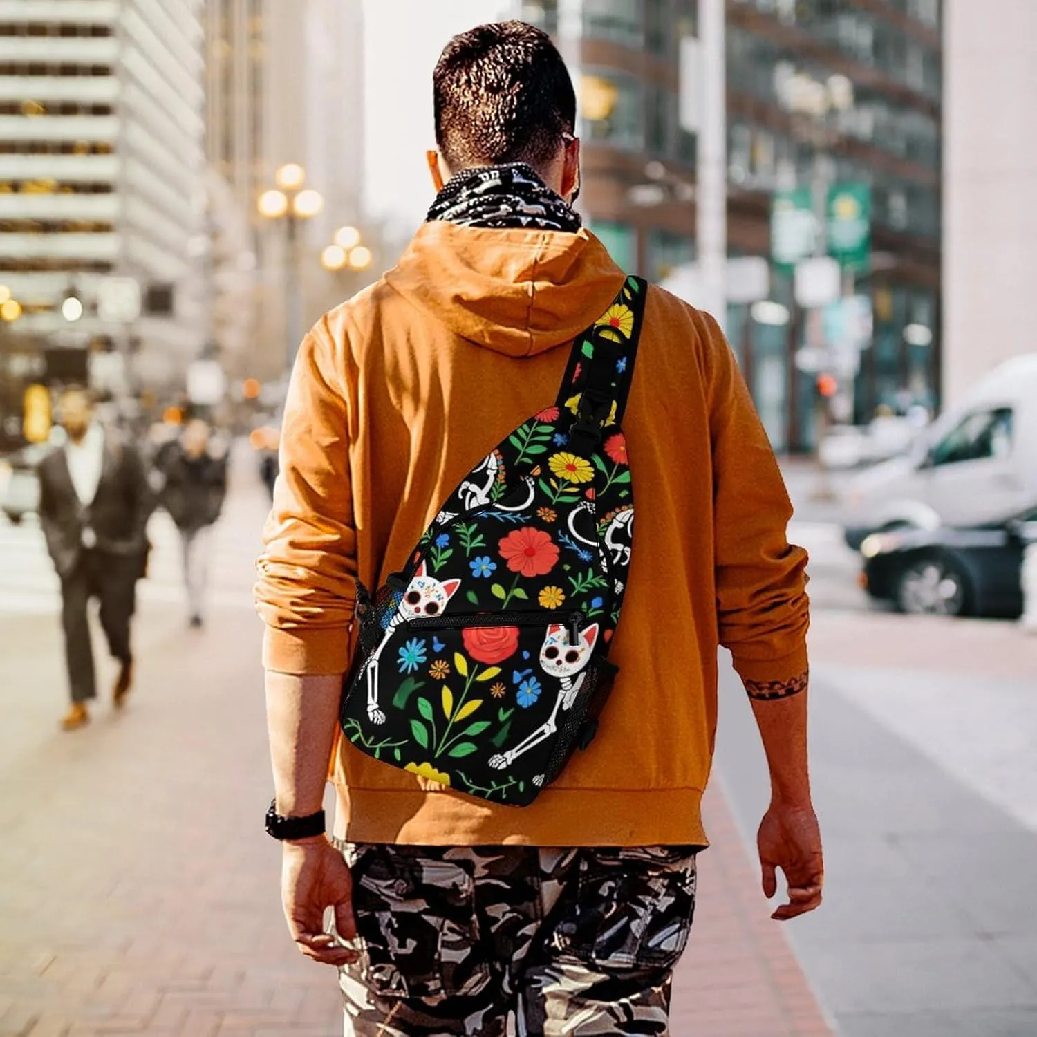 Unisex Sports Crossbody Bags, Portable Large Capacity Day of The Dead Black Cat Rose Sugar Skull Skeleton Sling Bag Shoulder Backpack Chest Bag with Buckles and Pockets for Hiking