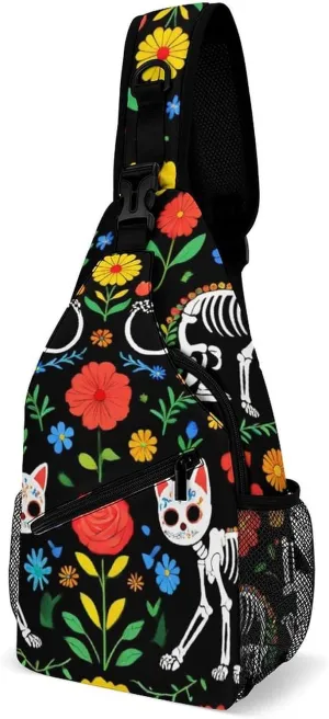 Unisex Sports Crossbody Bags, Portable Large Capacity Day of The Dead Black Cat Rose Sugar Skull Skeleton Sling Bag Shoulder Backpack Chest Bag with Buckles and Pockets for Hiking