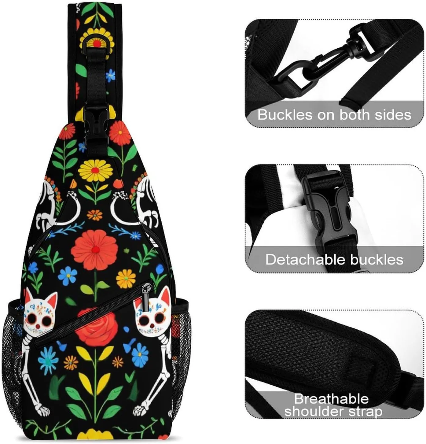 Unisex Sports Crossbody Bags, Portable Large Capacity Day of The Dead Black Cat Rose Sugar Skull Skeleton Sling Bag Shoulder Backpack Chest Bag with Buckles and Pockets for Hiking