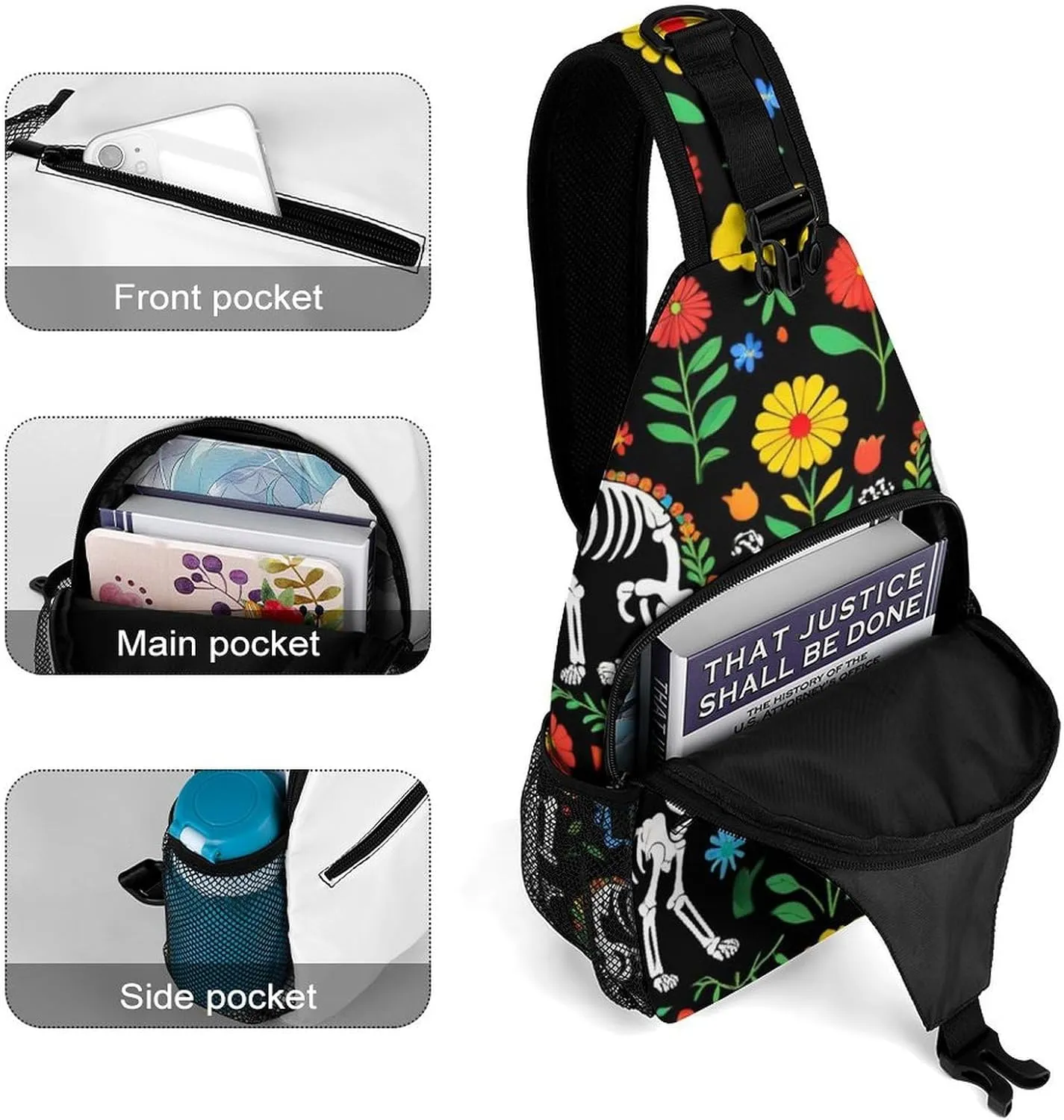 Unisex Sports Crossbody Bags, Portable Large Capacity Day of The Dead Black Cat Rose Sugar Skull Skeleton Sling Bag Shoulder Backpack Chest Bag with Buckles and Pockets for Hiking