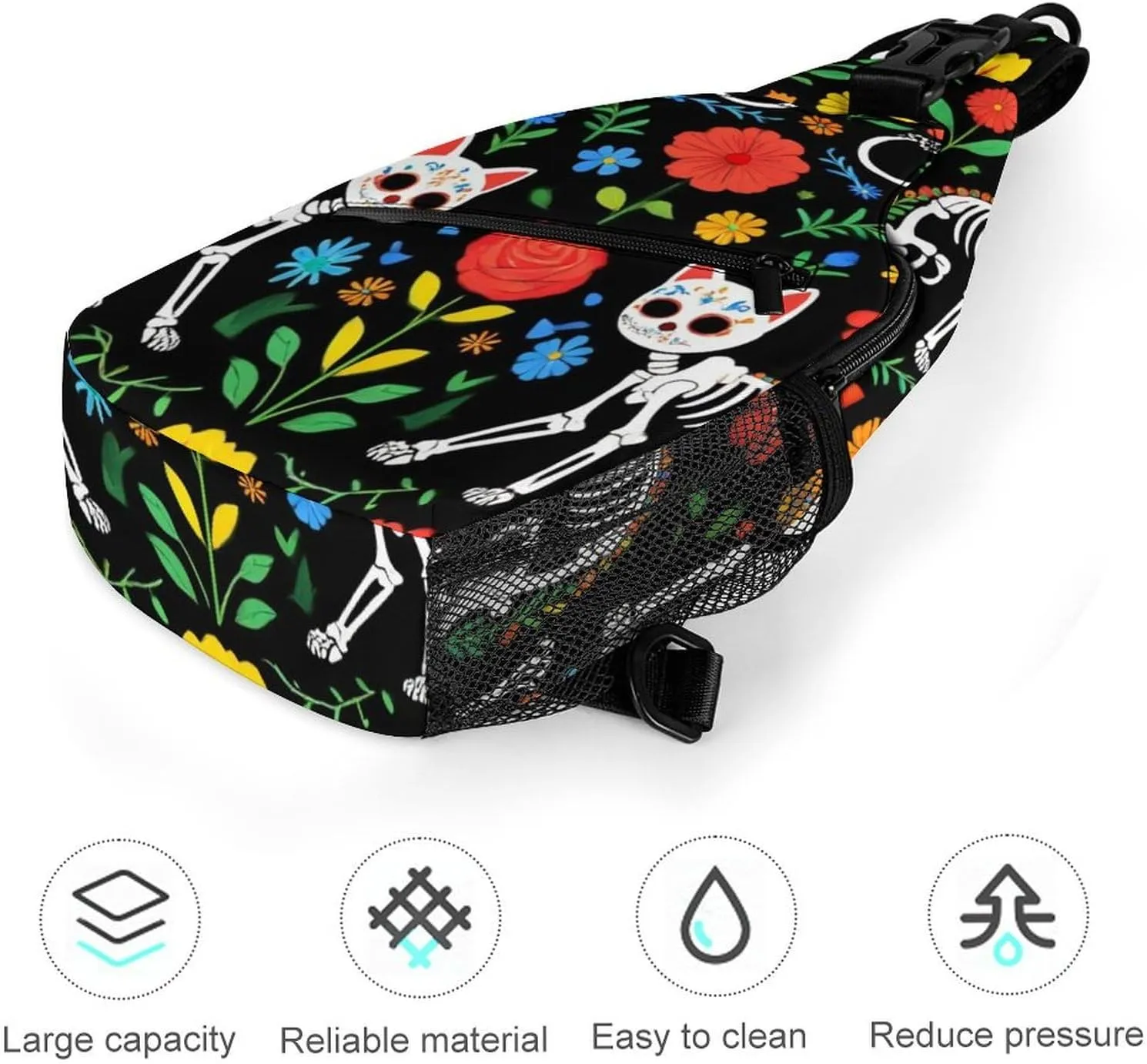Unisex Sports Crossbody Bags, Portable Large Capacity Day of The Dead Black Cat Rose Sugar Skull Skeleton Sling Bag Shoulder Backpack Chest Bag with Buckles and Pockets for Hiking